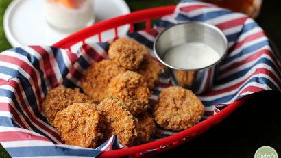 Crispy fried pickles in the air fryer or skillet | vegan | beer battered | appetizer | super bowl | starter | football | snack | dairy free | cadryskitchen.com