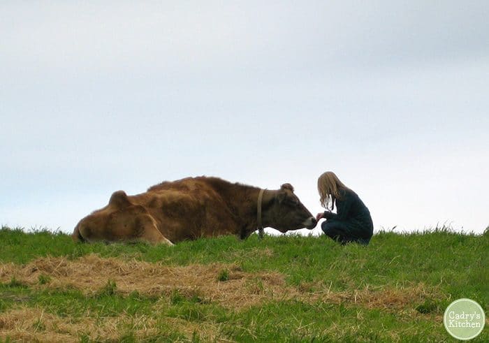 Cadry sitting with cow at Farm Sanctuary in California.