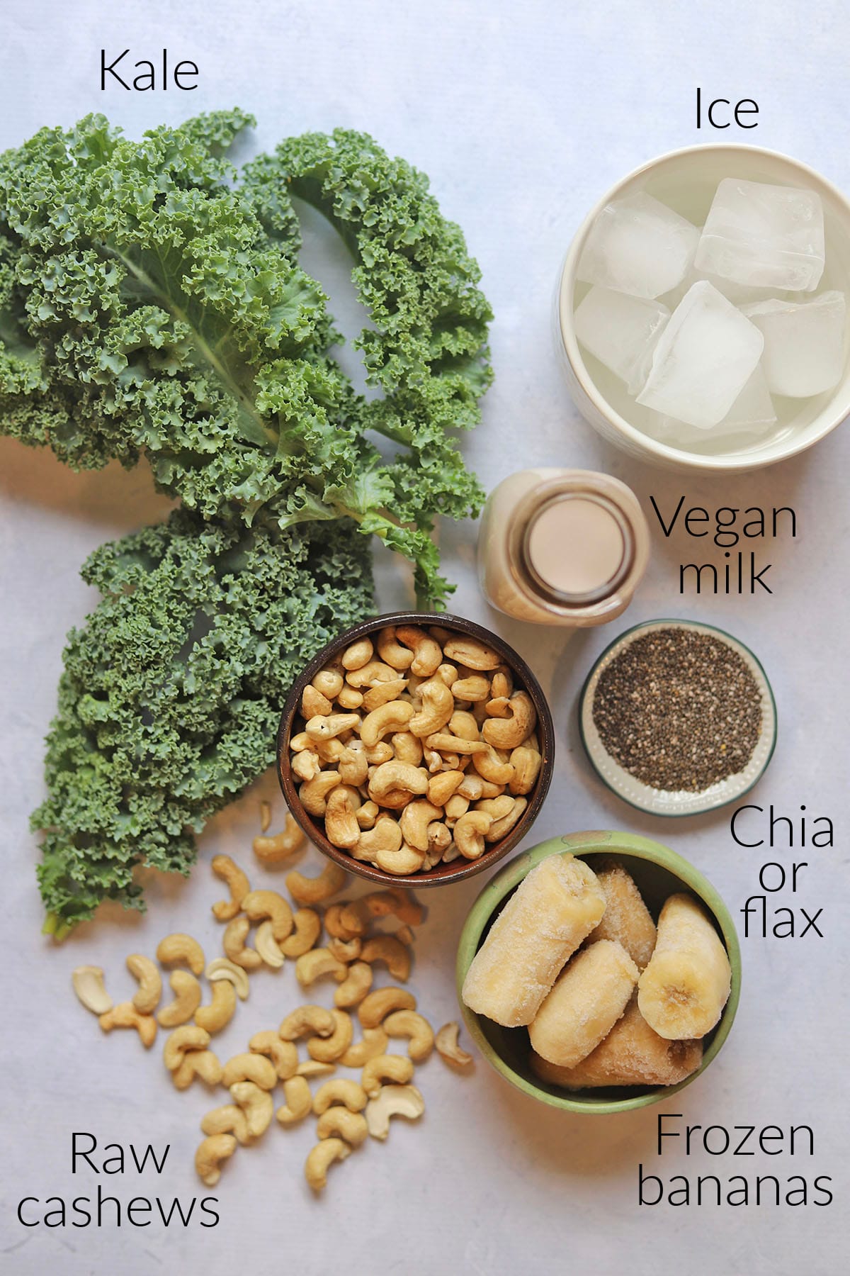 Labeled ingredients for kale banana smoothie.