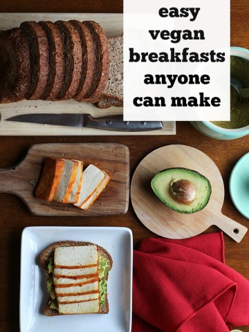 Text: Easy vegan breakfasts anyone can make. Overhead sriracha tofu on avocado toast.