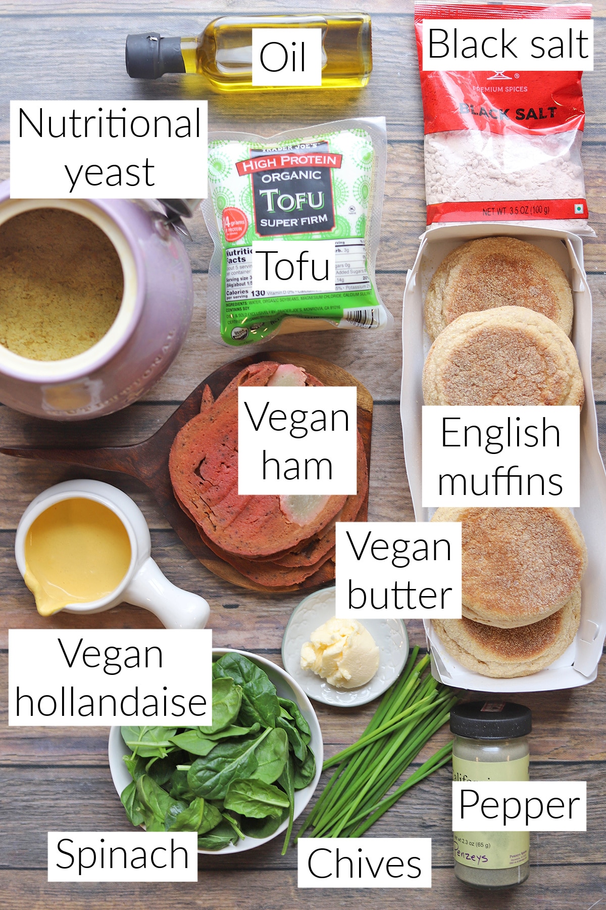 Labeled ingredients for vegan eggs Benedict.