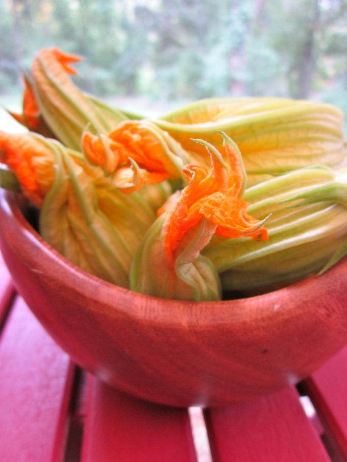 Fresh squash blossoms in wood bowl on table.
