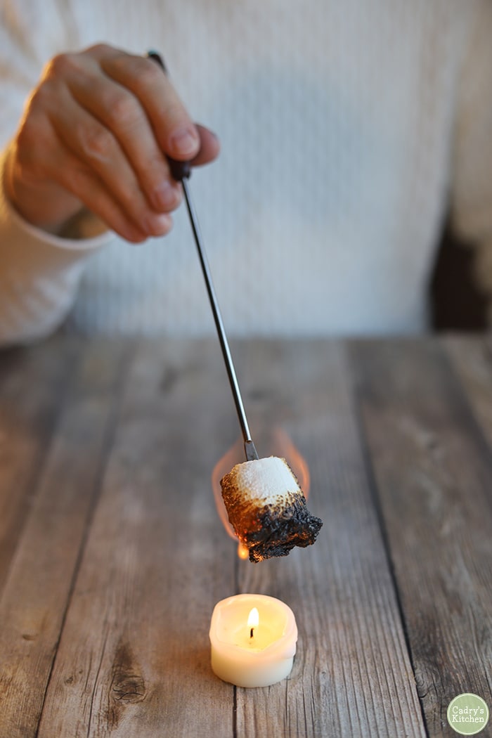 Hand roasting marshmallow over flame.