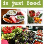 Text overlay: Vegan food is just food. Collage of fruits and vegetables.