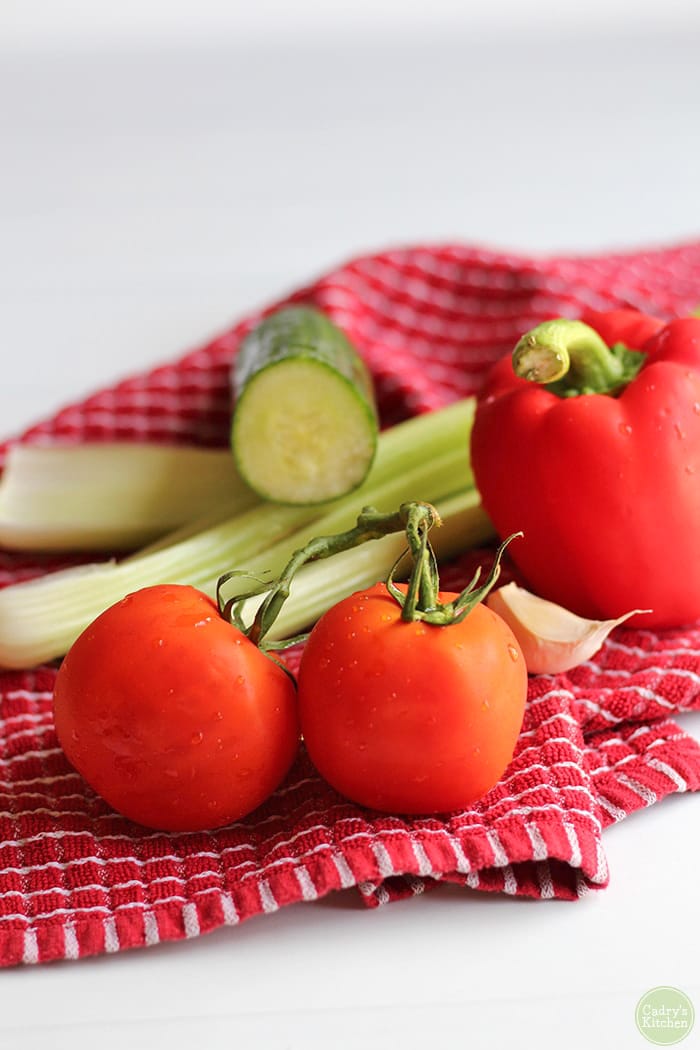 Vegetable juice recipe ingredients on towel - tomatoes, celery, cucumber, and bell pepper.