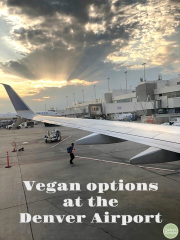 Denver Airport vegan options text + airplane wing & DIA.