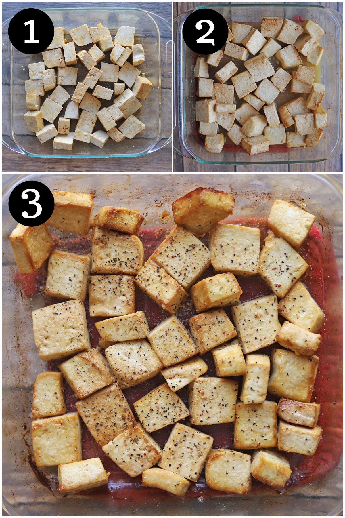 Collage showing how to make baked tofu in casserole dish.