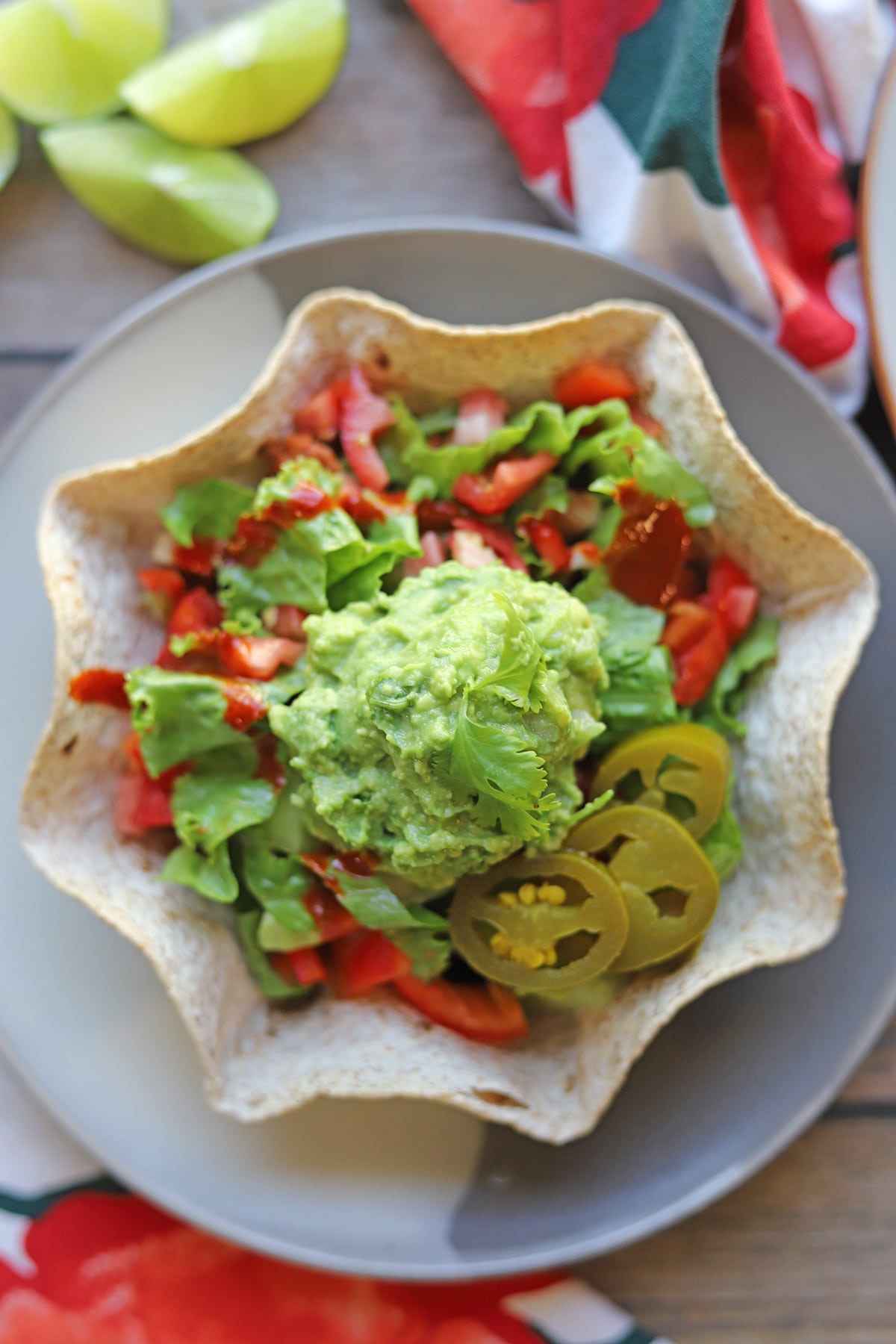 Overhead vegan taco salad on plate.