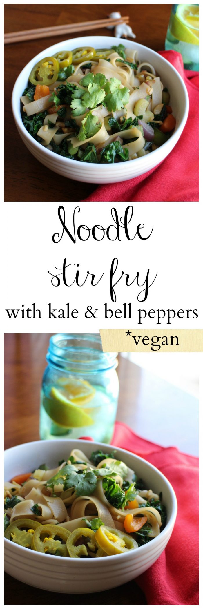 This vegan noodle stir fry is packed with vegetables like kale and bell pepper. Top it with sriracha & pickled jalapeno slices for some added heat. Vegan. | cadryskitchen.com