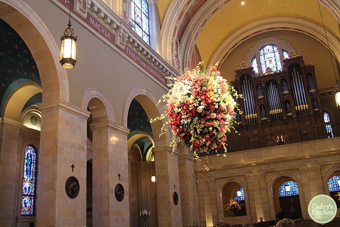 Interior Catholic church & flower arrangement in Omaha, Nebraska.