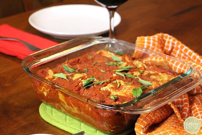 Vegan lasagna in a casserole dish.