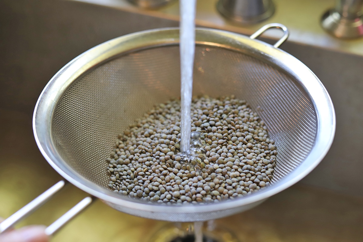French lentils in fine mesh sieve being rinsed in sink.