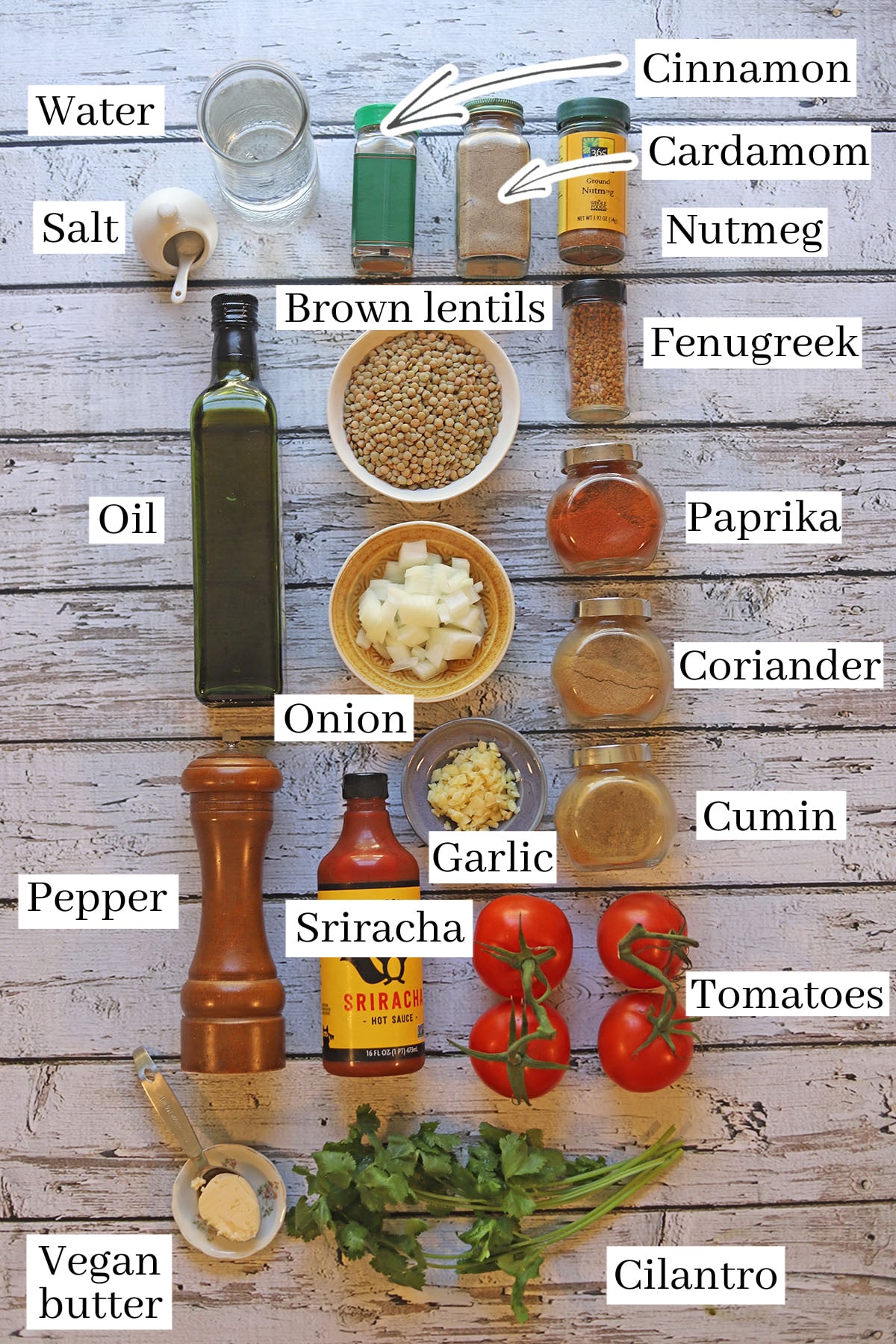 Labeled ingredients for whole masoor dal.