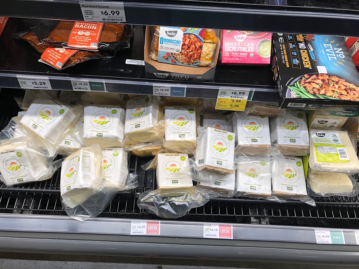 Central Soyfoods tofu on shelf at Whole Foods.
