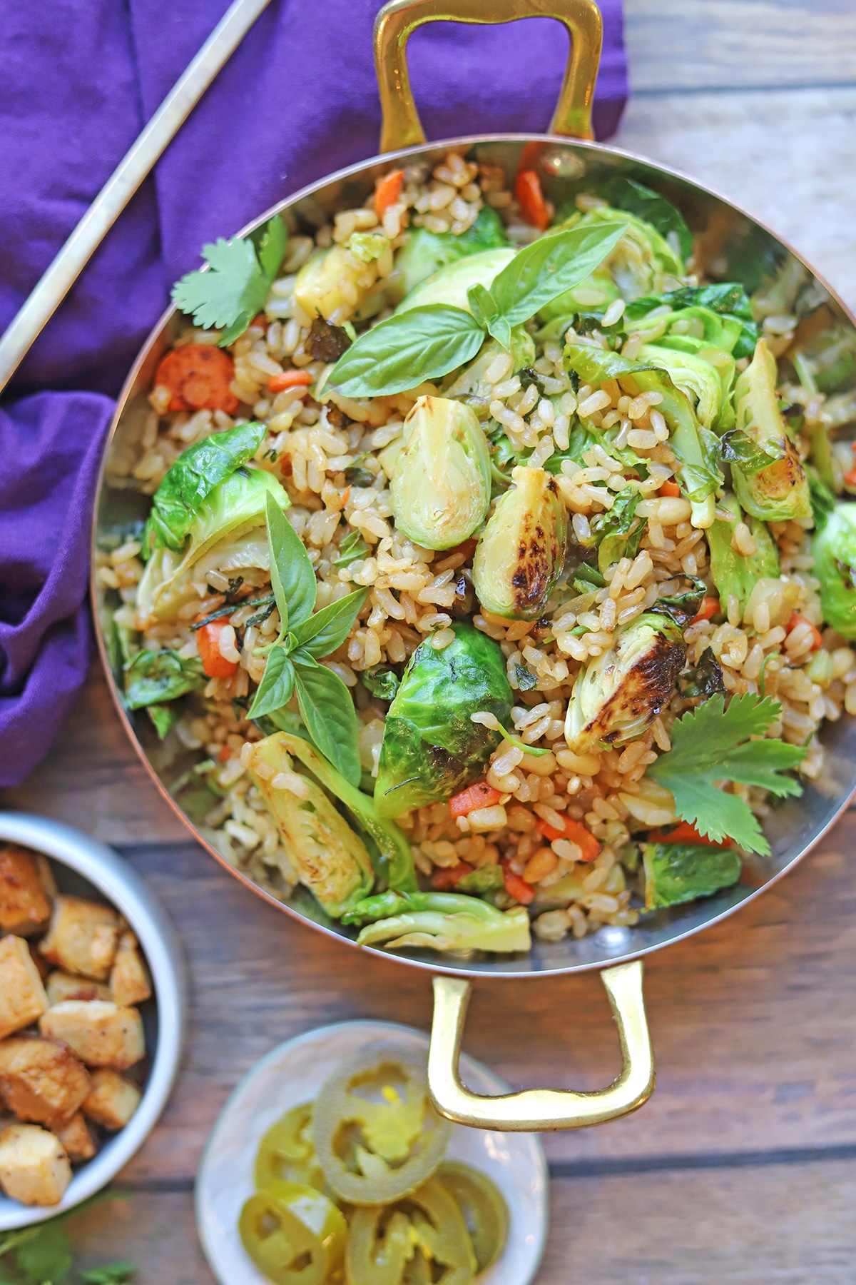 Overhead metal skillet with fried rice.