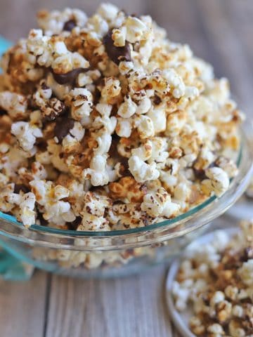 Peanut butter chocolate popcorn in a bowl.