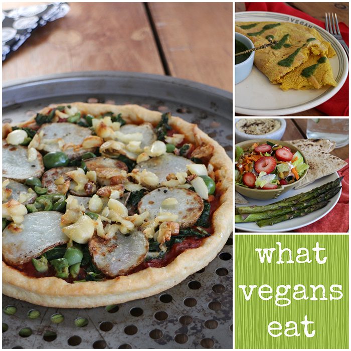 Text overlay: What vegans eat. Collage: Potato pizza, pudla, and salad with asparagus.