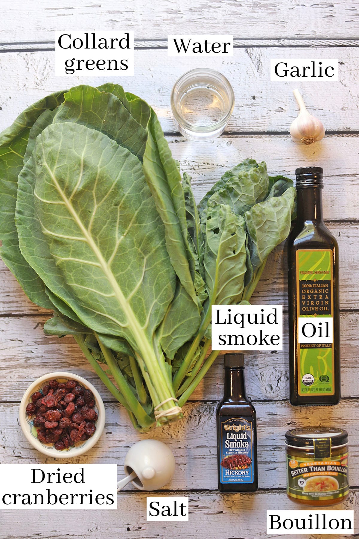Labeled ingredients for collard greens with liquid smoke.