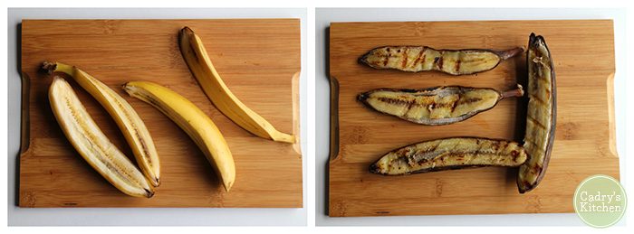 Collage: Bananas cut in half & bananas grilled.