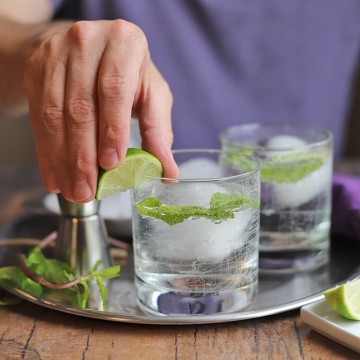 Hand swiping lime wedge around rim of gin and tonic drink.