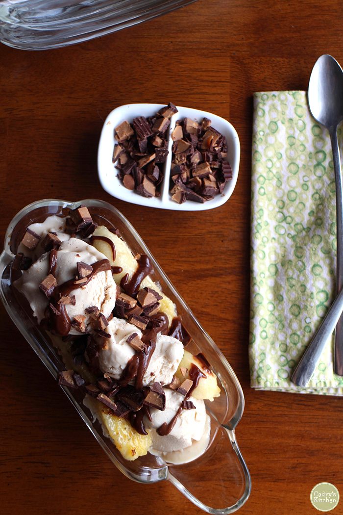 Overhead grilled banana split & PB cups in pieces.
