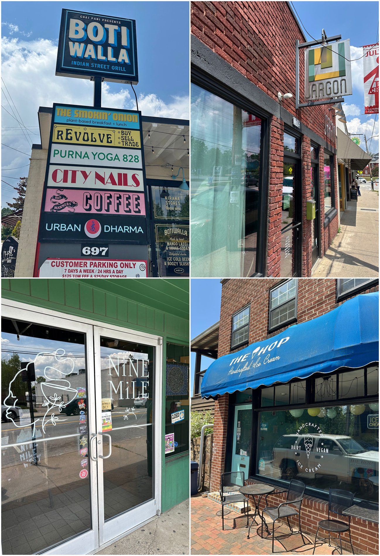 4-panel collage with Botiwalla sign, exterior Jargon, exterior Nine Mile, and exterior The Hop ice cream shop.