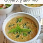 Text overlay: Corn chowder. Vegan and gluten-free. Bowls of soup with basil garnish.