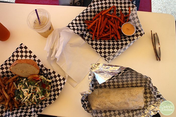 Burrito, burger, and fries at Homegrown Smoker in Portland, Oregon.