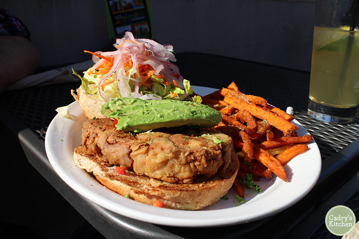 Vegan chicken sandwich on plate at Native Foods.