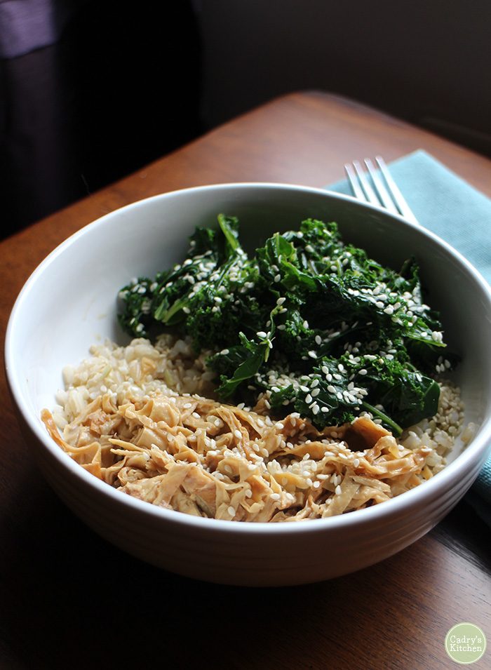 Brown rice bowl with sesame kale and yuba.