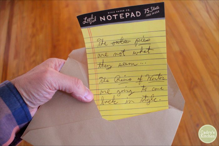 Notepad that says "the pies are not what they seem."