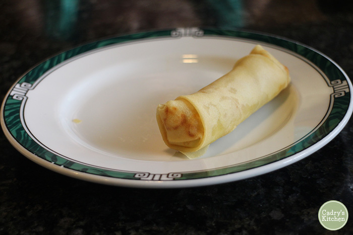 One vegan egg roll on a plate.