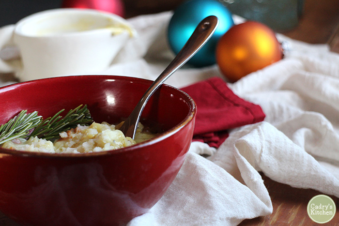 A Christmas Carol dinner: Mashed potatoes & seitan bacon gravy. Vegan. | cadryskitchen.com