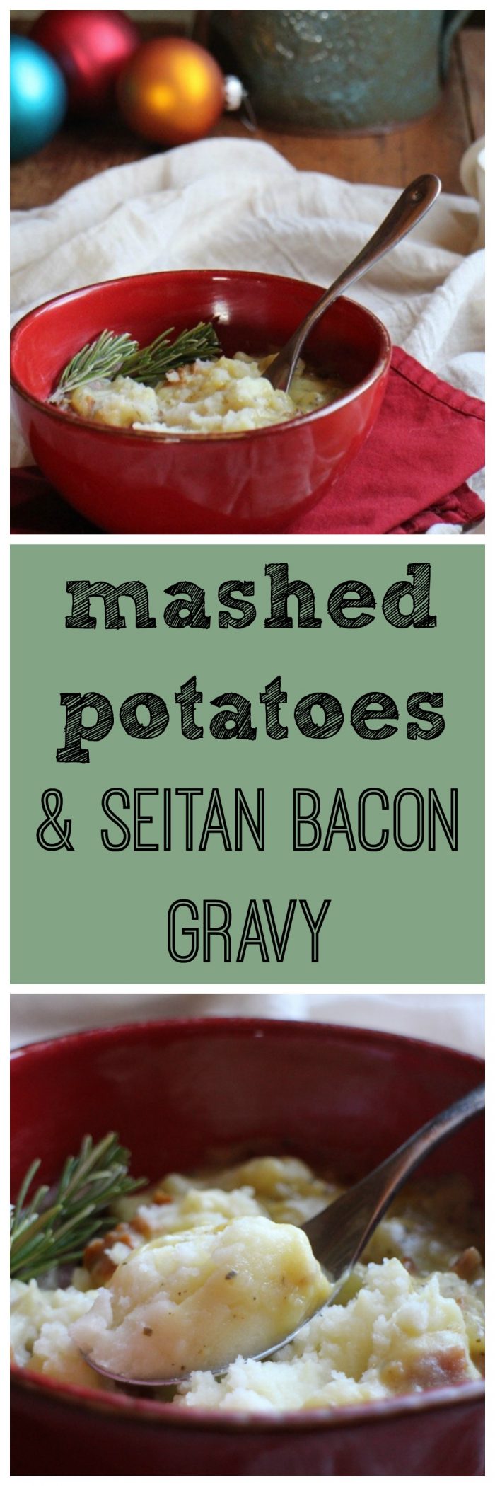 A Christmas Carol dinner: Mashed potatoes & seitan bacon gravy. Vegan. | cadryskitchen.com