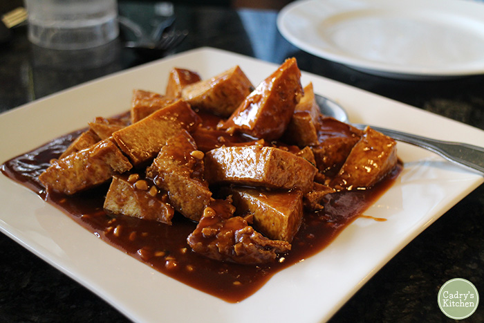 Peanut butter tofu on a platter.