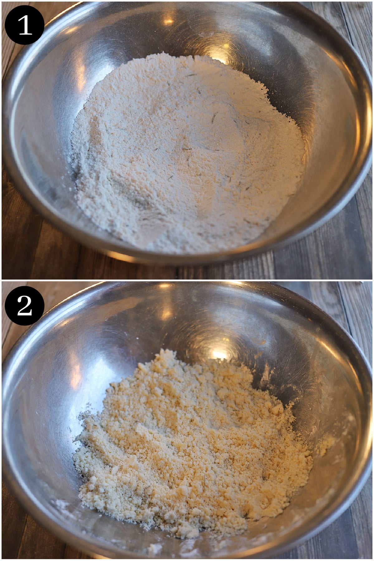 Collage showing how to combine flour for pie dough.