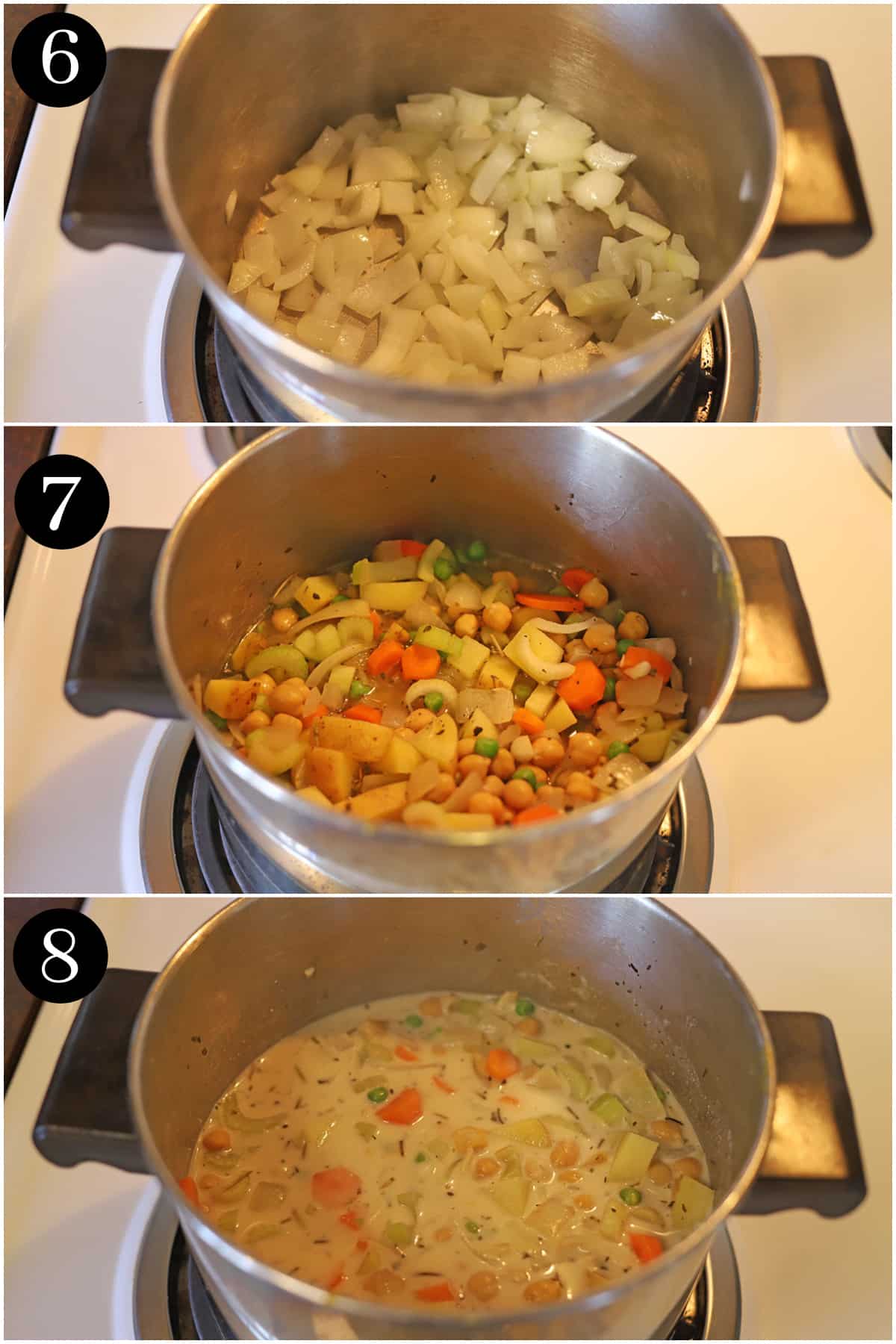 Collage showing how to make veg pot pie filling.