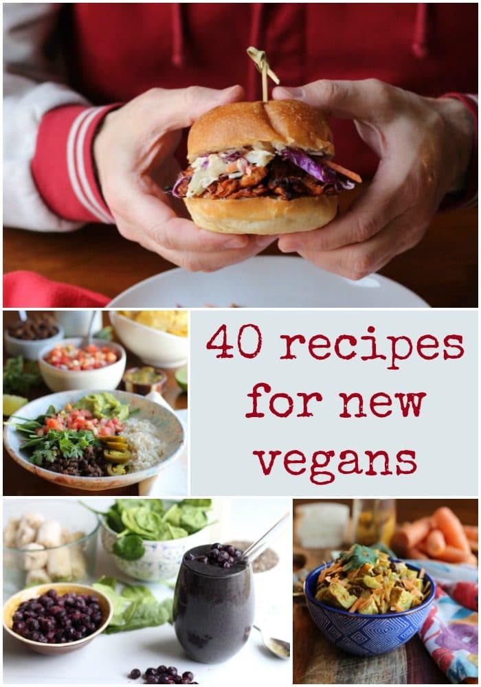 Collage with vegan BBQ sandwich, vegan burrito bowl, blueberry banana smoothie, curried tofu salad + text that says, 40 recipes for new vegans.