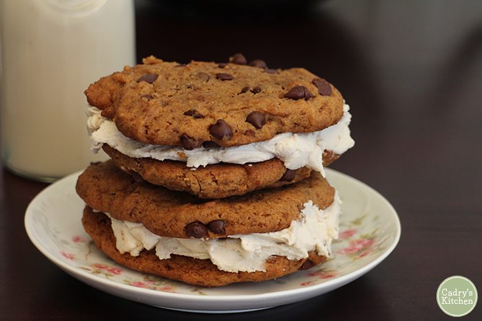 Two chocolate chip double doozies on plate.