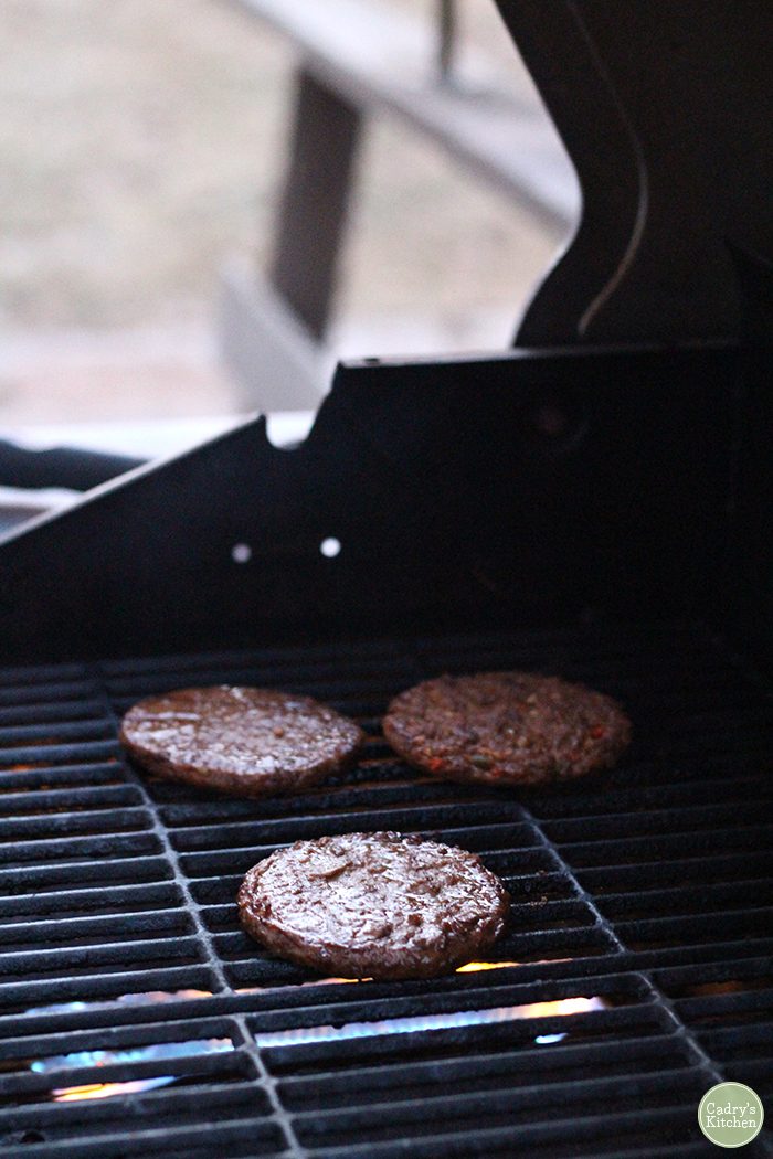 Gardein beefless burgers on the grill.