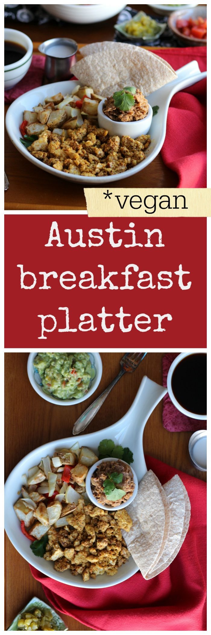 This hearty, vegan Austin breakfast is chock-full of flavor. It's packed with spicy scrambled tofu, creamy refried beans, potatoes, and guacamole. Savory breakfast lovers rejoice! | cadryskitchen.com