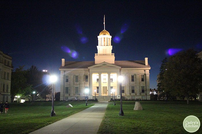 Exterior Iowa City capitol building at night.