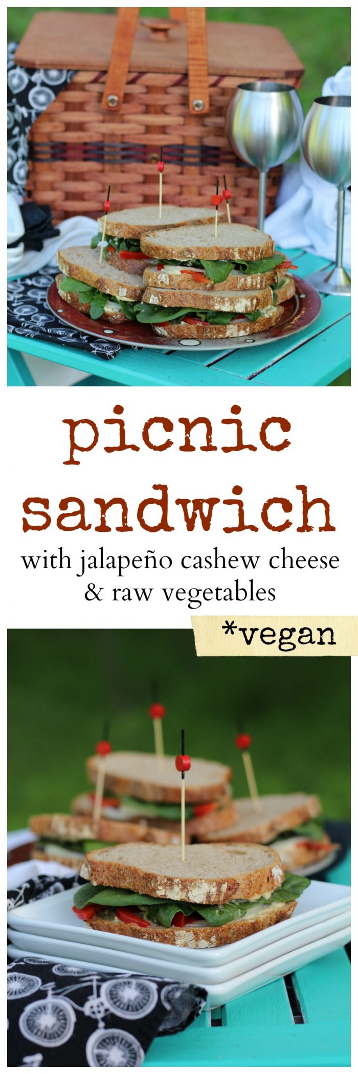 Vegan picnic sandwich with jalapeno cashew cheese spread & raw vegetables. Perfect for a summer outing! | cadryskitchen.com