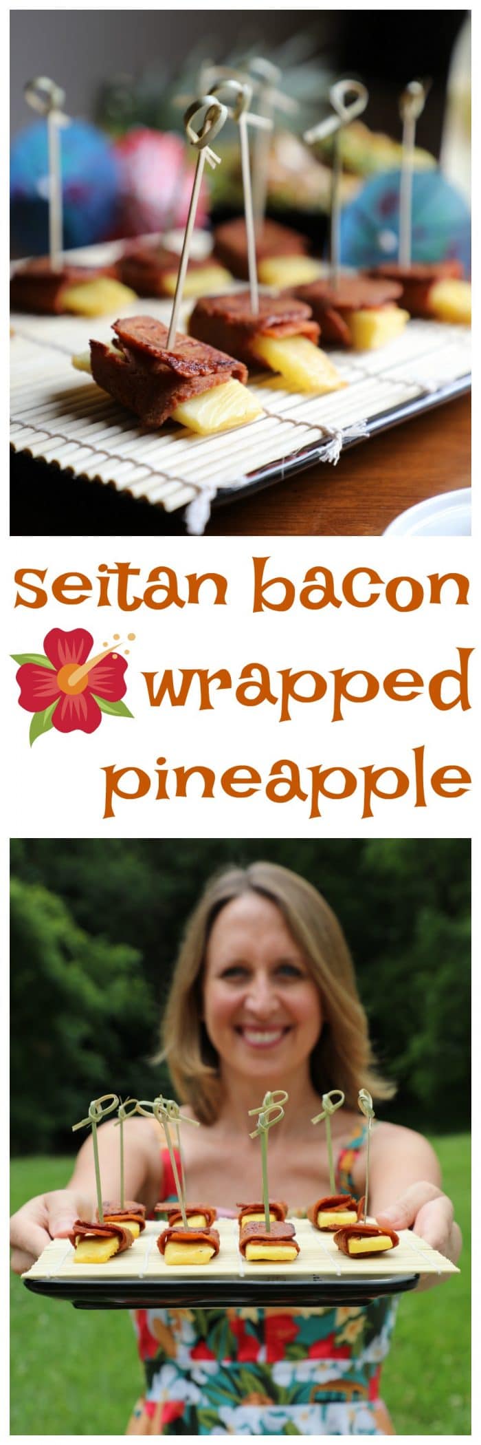 Seitan bacon wrapped pineapple on bamboo covered plate. Cadry holding platter of appetizers.