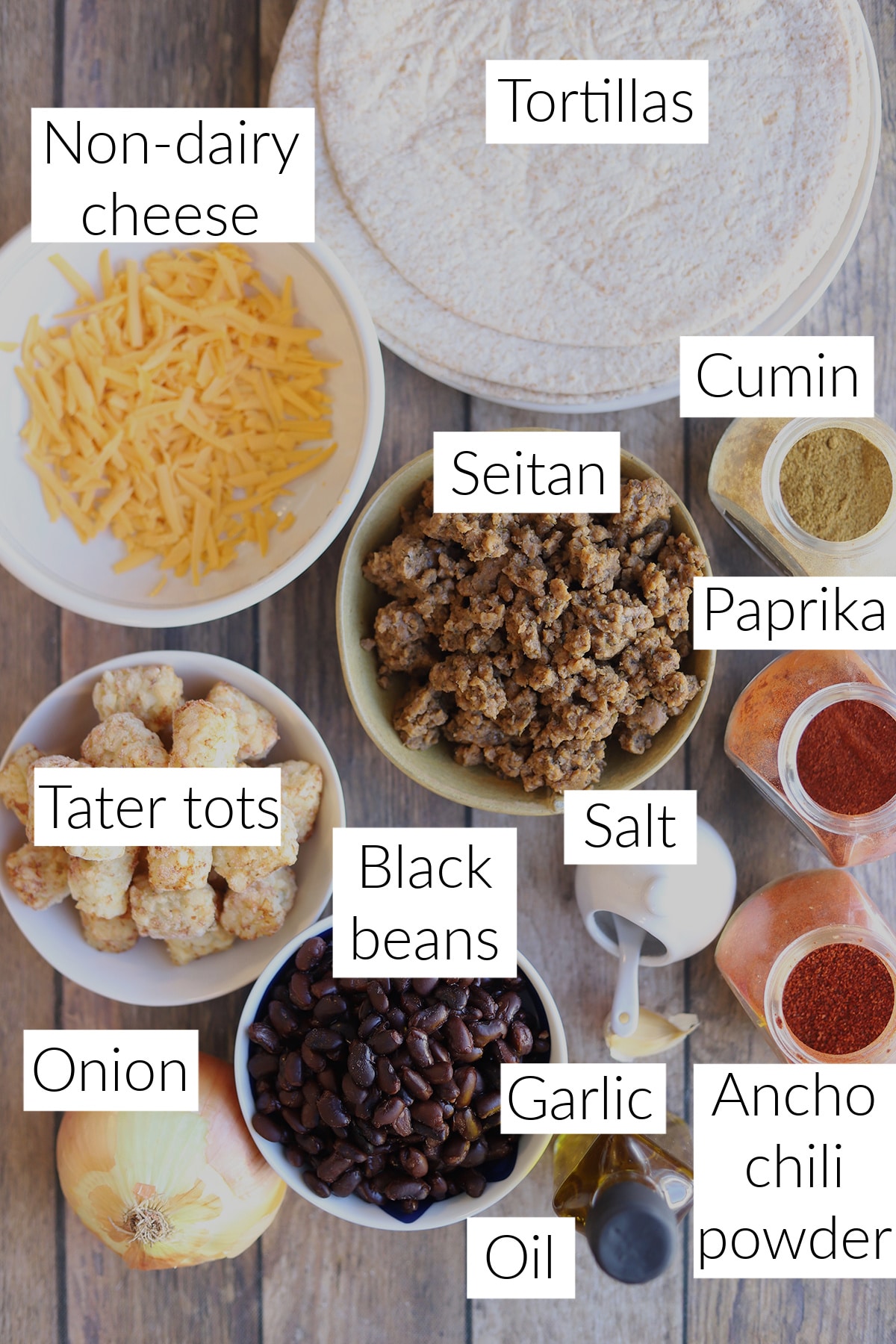 Labeled ingredients for vegan burritos.