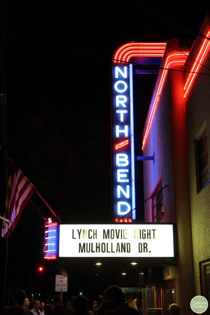 North Bend movie theatre marquee. Sign says Lynch Movie Night, Mulholland Drive.