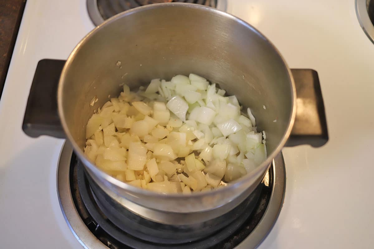 Sauteed onions and garlic in soup pot.