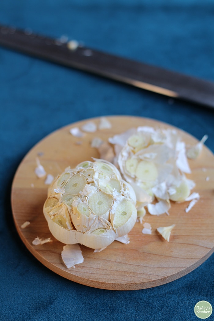 Roasted garlic air fryer recipe. Garlic head with cloves exposed.