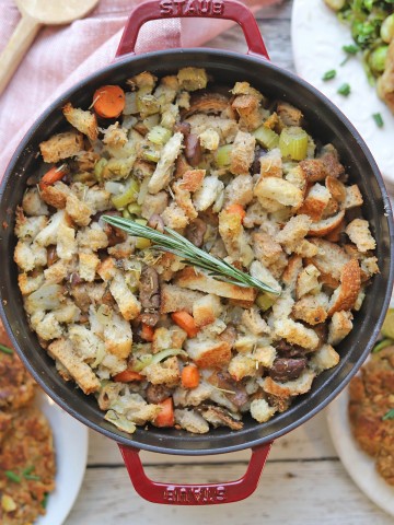 Overhead pot of stuffing with rosemary.