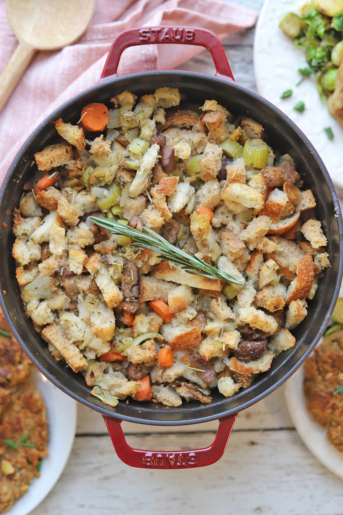 Overhead pot of stuffing with rosemary.
